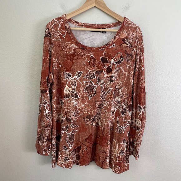 Susan Graver Weekend Plus 1X Rust Floral Long Sleeve Tunic Top Fall Color Shirt - Picture 7 of 11